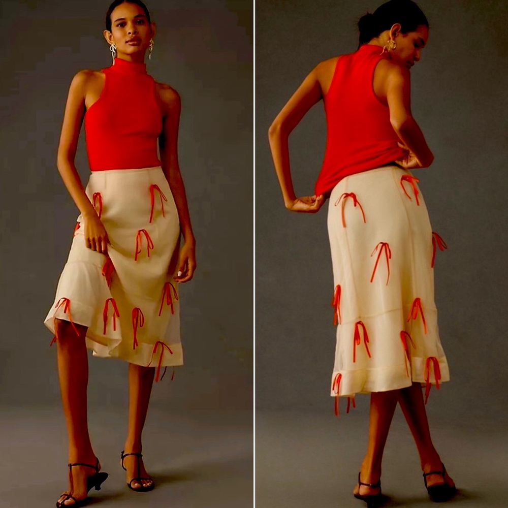 Anthropologie Maeve Red Ribbon Pencil Midi Skirt NWT 4